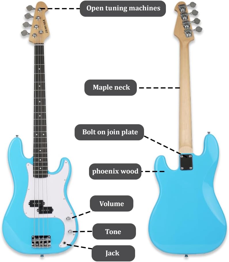 demusea electric P bass guitar full size standard 4strings glossy blue 34inch scale length maple neck phoenix body fixed bridge 1V 1T control for beginner starter practice party show(BLUE-YPB30) - Image 2